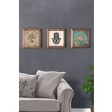 Oscar Stone Decor Masif (Ahşap) Çerçeveli 3'lü Set Taş Tablo Pano 28x28 cm Yaşam Çiçeği Hayat Ağacı