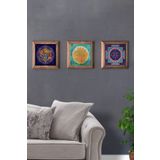 Oscar Stone Decor Masif (Ahşap) Çerçeveli 3'lü Set Taş Tablo Pano 28X28 cm Yaşam Çiçeği Lotus