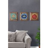 Oscar Stone Decor Masif (Ahşap) Çerçeveli 3'lü Set Taş Tablo Pano 28x28 cm Yaşam Çiçeği Nar Nazar 3PRMT-40-0442