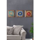 Oscar Stone Decor Masif (Ahşap) Çerçeveli 3'lü Set Taş Tablo Pano 28x28 cm Yaşam Çiçeği Nar Nazar