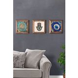 Oscar Stone Decor Masif (Ahşap) Çerçeveli 3'lü Set Taş Tablo Pano 28x28 cm Yaşam Çiçeği Nazar Fatma
