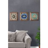 Oscar Stone Decor Masif (Ahşap) Çerçeveli 3'lü Set Taş Tablo Pano 28x28 cm Yaşam Çiçeği Nazar Göz 3PRMT-40-0504