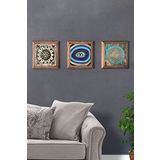 Oscar Stone Decor Masif (Ahşap) Çerçeveli 3'lü Set Taş Tablo Pano 28x28 cm Yaşam Çiçeği Nazar Göz
