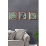 Oscar Stone Decor Masif (Ahşap) Çerçeveli 3'lü Set Taş Tablo Pano 28x28 cm Yaşam Çiçeği Semazen