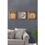 Oscar Stone Decor Masif (Ahşap) Çerçeveli 3'lü Set Taş Tablo Pano 28X28 Elif Vav Bereket Duası