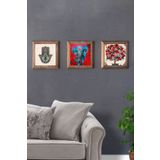 Oscar Stone Decor Masif (ahşap) Çerçeveli 3'lü Set Taş Tablo Pano 28x28 Fil Fatma Ana Eli Nar Ağacı 3PRMT-40-0394