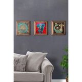 Oscar Stone Decor Masif (ahşap) Çerçeveli 3'lü Set Taş Tablo Pano 28x28 Fil Yaşam Çiçeği Hayat Ağacı 3PRMT-40-0391
