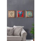 Oscar Stone Decor Masif (Ahşap) Çerçeveli 3'lü Set Taş Tablo Pano 28X28 Fil Yaşam Çiçeği Hayat Ağacı