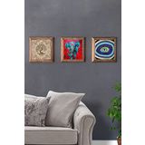 Oscar Stone Decor Masif (Ahşap) Çerçeveli 3'lü Set Taş Tablo Pano 28X28 Hayat Ağacı Fil Nazar Göz