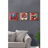 Oscar Stone Decor Masif (Ahşap) Çerçeveli 3'lü Set Taş Tablo Pano 28X28 Kırmızı Kuşlar Fil Nar Ağacı