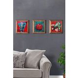 Oscar Stone Decor Masif (Ahşap) Çerçeveli 3'lü Set Taş Tablo Pano 28X28 Kırmızı Kuşlar Fil Nar