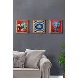 Oscar Stone Decor Masif (Ahşap) Çerçeveli 3'lü Set Taş Tablo Pano 28X28 Kırmızı Kuşlar Fil Nazar Göz