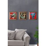 Oscar Stone Decor Masif (Ahşap) Çerçeveli 3'lü Set Taş Tablo Pano 28X28 Kırmızı Kuşlar Fil Şahmeran