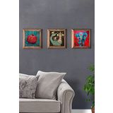 Oscar Stone Decor Masif (Ahşap) Çerçeveli 3'lü Set Taş Tablo Pano 28X28 Nar Fil Şahmeran
