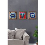 Oscar Stone Decor Masif (Ahşap) Çerçeveli 3'lü Set Taş Tablo Pano 28X28 Nazar Boncuğu Fil Nazar Göz