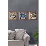 Oscar Stone Decor Masif (Ahşap) Çerçeveli 3'lü Set Taş Tablo Pano 28X28 Nazar Göz Desen Seti