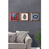Oscar Stone Decor Masif (Ahşap) Çerçeveli 3'lü Set Taş Tablo Pano 28X28 Nazar Göz Fatma Ana Eli Fil