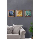 Oscar Stone Decor Masif (Ahşap) Çerçeveli 3'lü Set Taş Tablo Pano 28X28 Van Gogh Ay Çiçekleri