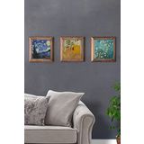 Oscar Stone Decor Masif (Ahşap) Çerçeveli 3'lü Set Taş Tablo Pano 28X28 Van Gogh Yıldızlı Gece