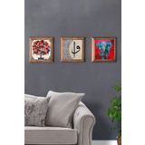 Oscar Stone Decor Masif (Ahşap) Çerçeveli 3'lü Set Taş Tablo Pano 28X28 Vav Elif Nar Ağacı Fil