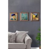 Oscar Stone Decor Masif (Ahşap) Çerçeveli 3'Lü Set Taş Tablo Pano 28X28 Vincent Van Gogh Badem Ağacı 3Prmt-40-0417