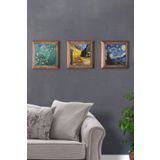 Oscar Stone Decor Masif (Ahşap) Çerçeveli 3'lü Set Taş Tablo Pano 28X28 Vincent van Gogh Tabloları