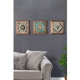 Oscar Stone Decor Masif (Ahşap) Çerçeveli 3'lü Set Taş Tablo Pano 28X28 Yaşam Çiçeği Desen Seti