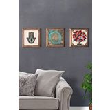 Oscar Stone Decor Masif (Ahşap) Çerçeveli 3'lü Set Taş Tablo Pano 28X28 Yaşam Çiçeği Fatma Ana Eli