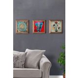 Oscar Stone Decor Masif (Ahşap) Çerçeveli 3'lü Set Taş Tablo Pano 28X28 Yaşam Çiçeği Fil Ebruli