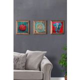 Oscar Stone Decor Masif (Ahşap) Çerçeveli 3'lü Set Taş Tablo Pano 28X28 Yaşam Çiçeği Fil Nar