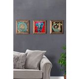 Oscar Stone Decor Masif (Ahşap) Çerçeveli 3'lü Set Taş Tablo Pano 28X28 Yaşam Çiçeği Fil Şahmeran