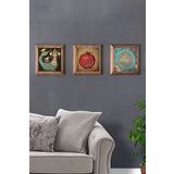 Oscar Stone Decor Masif (Ahşap) Çerçeveli 3'lü Set Taş Tablo Pano 28X28 Yaşam Çiçeği Nar Hayat Ağacı