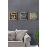 Oscar Stone Decor Masif (Ahşap) Çerçeveli 3'lü Set Taş Tablo Pano 28X28 Yaşam Çiçeği Nazar Göz