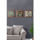 Oscar Stone Decor Masif (Ahşap) Çerçeveli 3'lü Set Taş Tablo Pano 28X28 Yaşam Çiçeği Şahmeran Ebruli