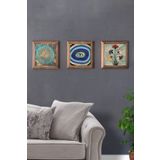 Oscar Stone Decor Masif (Ahşap) Çerçeveli 3'lü Set Taş Tablo Pano 28X28 Yaşam Çiçek Nazar Göz Ebruli