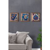 Oscar Stone Decor Masif (ahşap) Çerçeveli 3'lü Set Taş Tablo Pano 28x28cm Çini Seramik Desen Pattern 3PRMT-40-0043