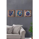 Oscar Stone Decor Masif (Ahşap) Çerçeveli 3'lü Set Taş Tablo Pano 28X28cm Çini Seramik Desen Pattern
