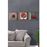 Oscar Stone Decor Masif (Ahşap) Çerçeveli 3'lü Set Taş Tablo Pano 28X28cm Nar Ağacı Pomegranate Tree