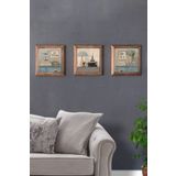 Oscar Stone Decor Masif (Ahşap) Çerçeveli 3'lü Set Taş Tablo Pano 28X28cm Salon Çiçeği Potted Flower