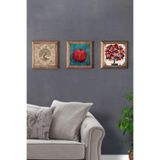 Oscar Stone Decor Masif Çerçeveli 3'Lü Set Taş Tablo Pano 28X28 Cm Hayat Ağacı Nar Ağacı 3Prmt-40-0353
