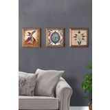Oscar Stone Decor Masif Çerçeveli 3'lü Set Taş Tablo Pano 28x28 cm Semazen Ebruli Çini Desen 3PRMT-40-0218