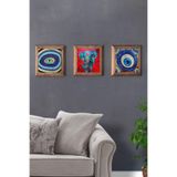 Oscar Stone Decor Masif Çerçeveli 3'lü Set Taş Tablo Pano 28x28 Nazar Boncuğu Fil Nazar Göz 3PRMT-40-0361
