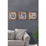 Oscar Stone Decor Masif Çerçeveli Çini DeseniTaş Tablo Pano Set 3'lü 28x28 cm 3PRMT-40-0038