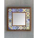 Oscar Stone Decor Masif Çerçeveli Mozaik Taş (mermer) Ayna 33x33 Cm Seramik Desenli Mavi Sarı Temalı