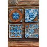 Oscar Stone Decor Mavi 4'Lü Set Desen Tile Baskılı Doğaltaş Bardak Altlığı 4Dsn-034