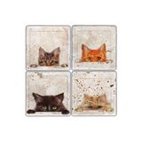 Oscar Stone Decor Taş Bardak Altlığı Kedi-cat - 4 Lü Set(10 CMX10 CM)