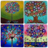 Oscar Stone Decor Taş Bardak Altlığı Renkli Ağaç Family Tree Life - 4 LÜ SET(10 cmx10 cm)