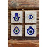 Oscar Stone Decor Taş Bardak Altlığı Stone Coasters - 4 LÜ SET (10 cmx10 cm) Naza Boncuğu