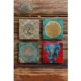 Oscar Stone Decor Taş Bardak Altlığı Stone Coasters - 4lü Set Fil Lotus Ve Yaşam Çiçeği BA541