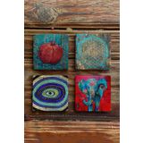 Oscar Stone Decor Taş Bardak Altlığı Stone Coasters - 4lü Set Fil Nazar Göz Yaşam Çiçeği BA532